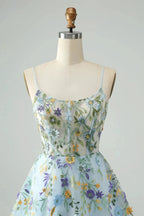 Blue Flower A Line Spaghetti Straps Corset Short Homecoming Dress with Embroidery by WEDTREND