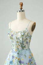 Blue Flower A Line Spaghetti Straps Corset Short Homecoming Dress with Embroidery by WEDTREND