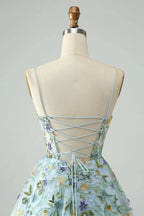 Blue Flower A Line Spaghetti Straps Corset Short Homecoming Dress with Embroidery by WEDTREND