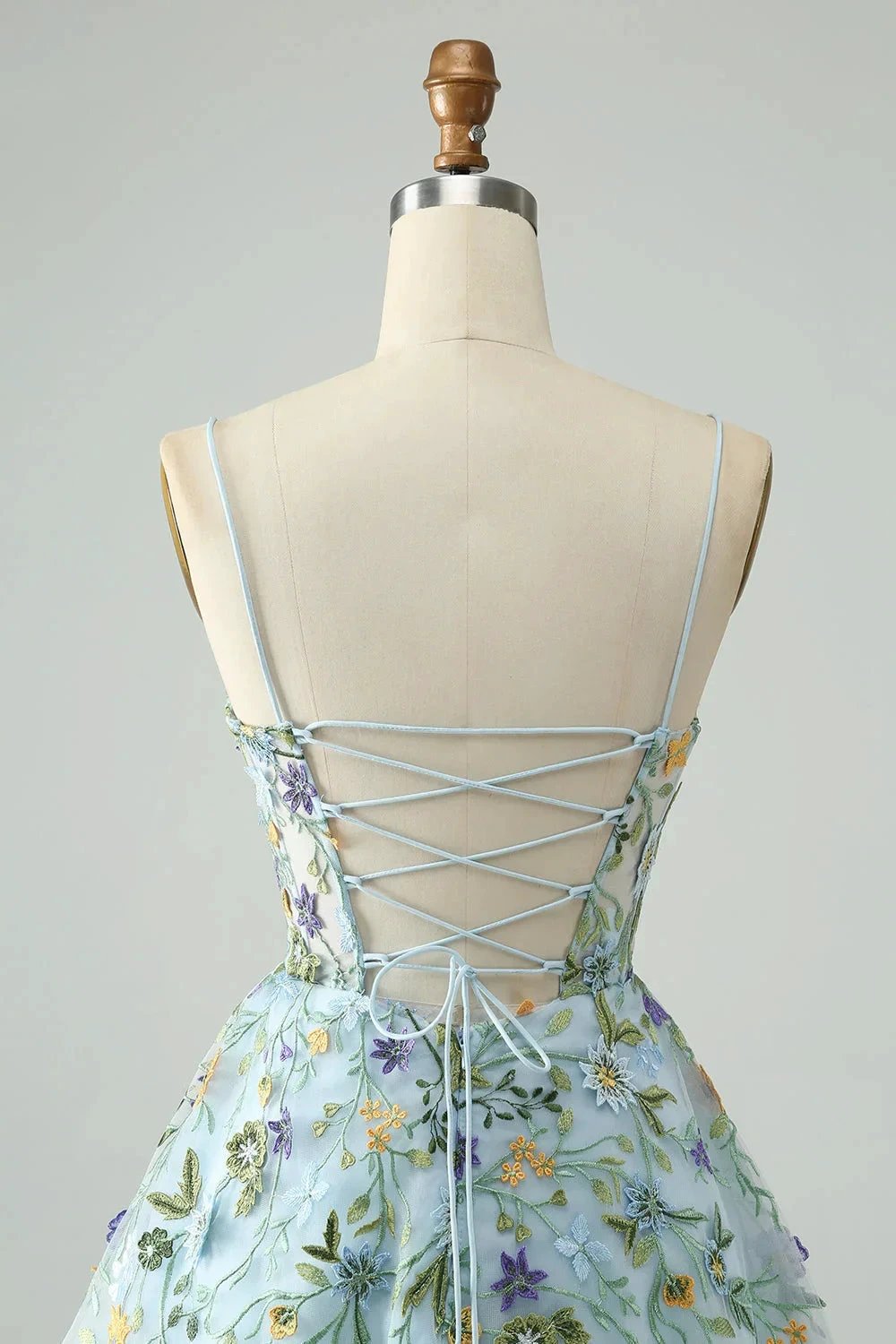 Blue Flower A Line Spaghetti Straps Corset Short Homecoming Dress with Embroidery by WEDTREND