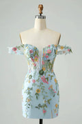 Blue Flower Mermaid Off The Shoulder Corset Short Homecoming Dress with Embroidery by WEDTREND