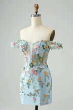 Blue Flower Mermaid Off The Shoulder Corset Short Homecoming Dress with Embroidery by WEDTREND