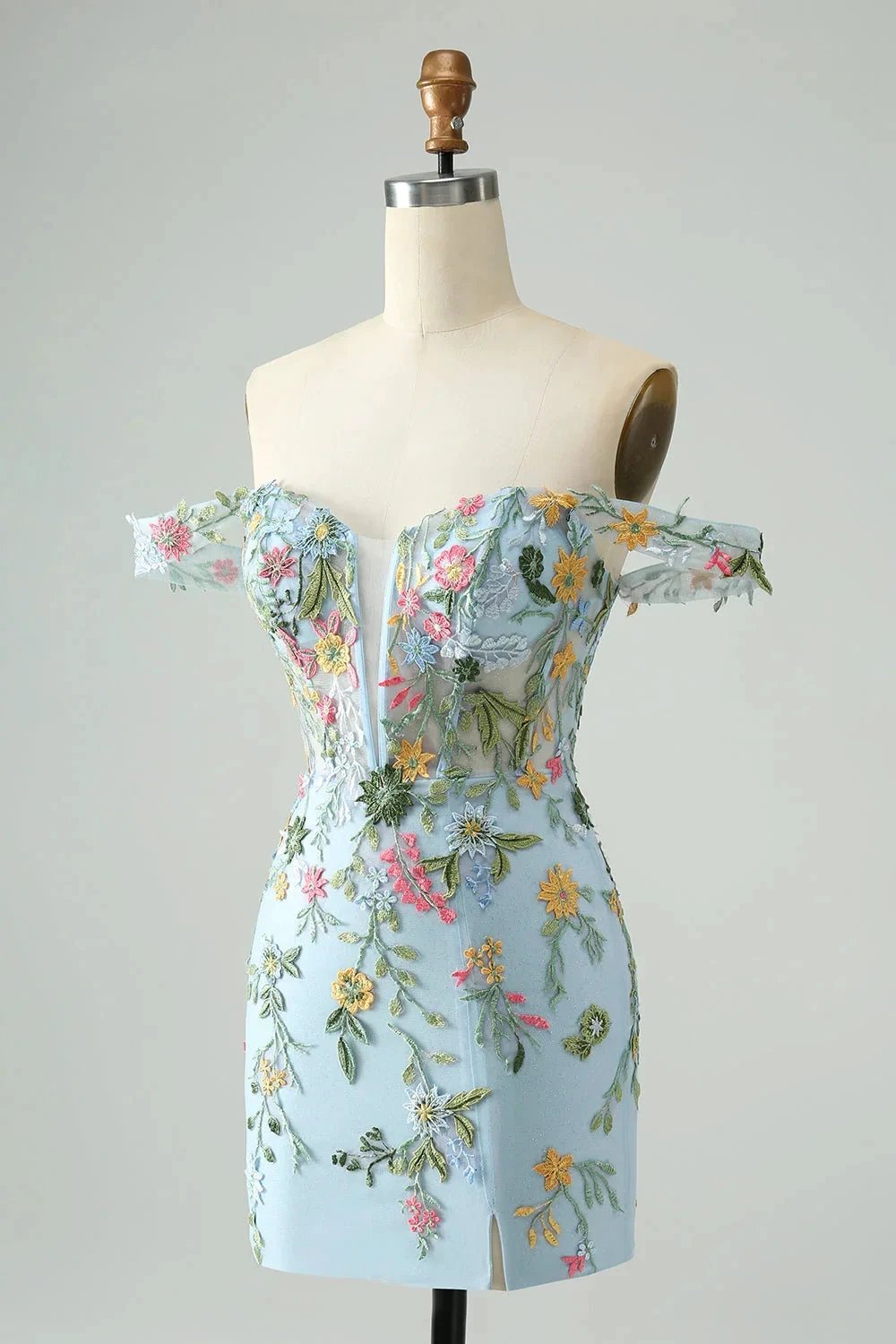 Blue Flower Mermaid Off The Shoulder Corset Short Homecoming Dress with Embroidery by WEDTREND