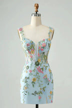 Blue Flower Mermaid Off The Shoulder Corset Short Homecoming Dress with Embroidery by WEDTREND