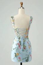 Blue Flower Mermaid Off The Shoulder Corset Short Homecoming Dress with Embroidery by WEDTREND