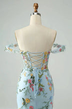 Blue Flower Mermaid Off The Shoulder Corset Short Homecoming Dress with Embroidery by WEDTREND