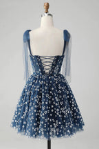 Cute A Line Spaghetti Straps Print Corset Navy Short Homecoming Dress by WEDTREND