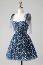 Cute A Line Spaghetti Straps Print Corset Navy Short Homecoming Dress by WEDTREND