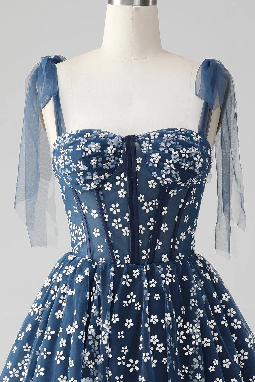 Cute A Line Spaghetti Straps Print Corset Navy Short Homecoming Dress by WEDTREND