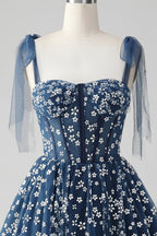 Cute A Line Spaghetti Straps Print Corset Navy Short Homecoming Dress by WEDTREND