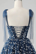 Cute A Line Spaghetti Straps Print Corset Navy Short Homecoming Dress by WEDTREND