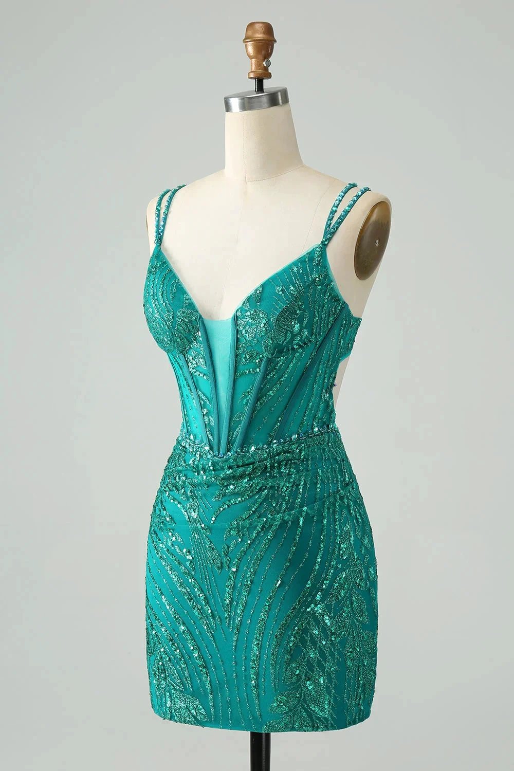 Classy Dark Green Bodycon Spaghetti Straps Corset Sequin Short Homecoming Dress by WEDTREND