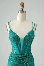 Classy Dark Green Bodycon Spaghetti Straps Corset Sequin Short Homecoming Dress by WEDTREND