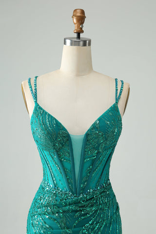 Classy Dark Green Bodycon Spaghetti Straps Corset Sequin Short Homecoming Dress