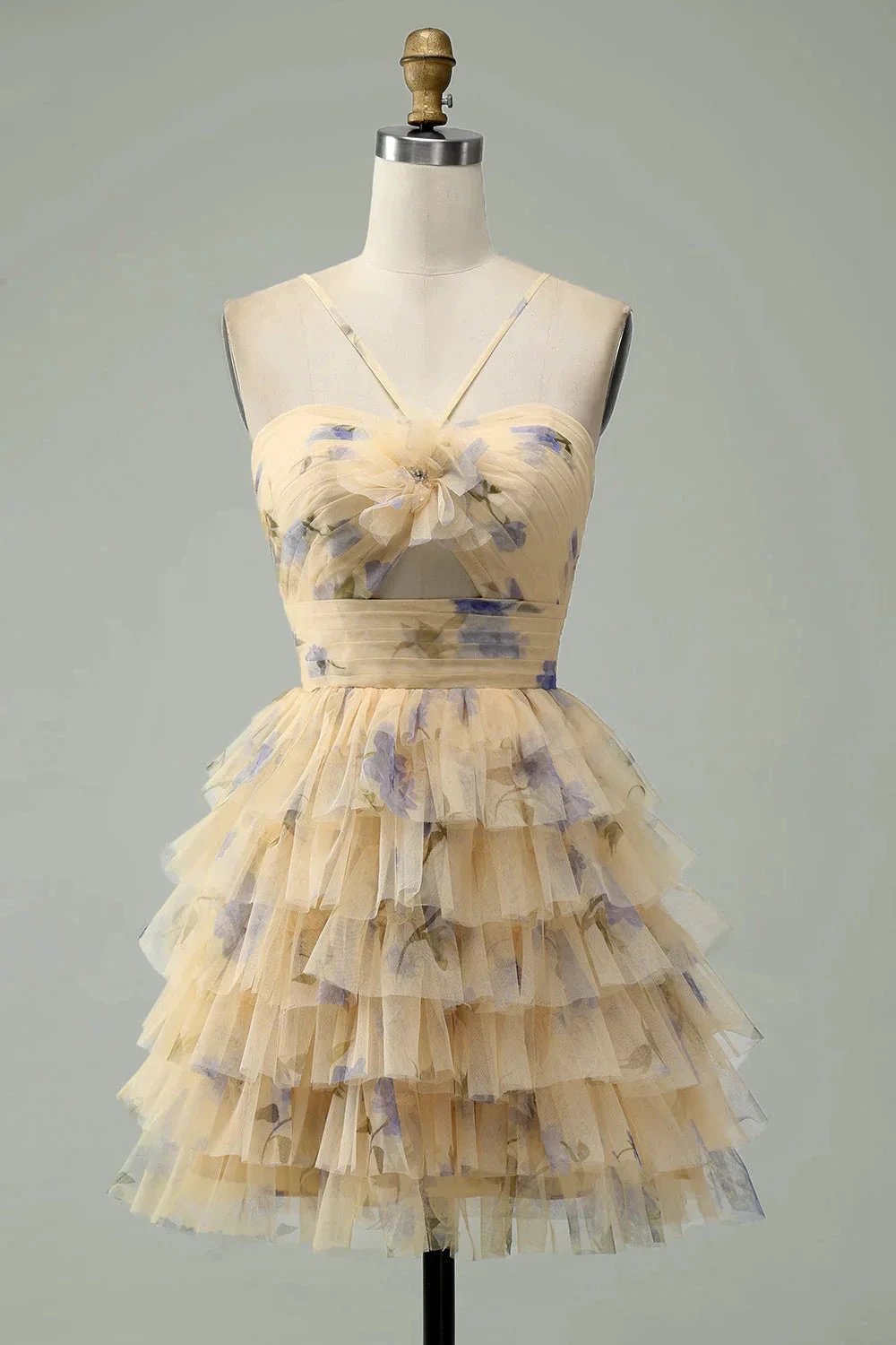 A Line Halter Tiered Print Short Yellow Flower Homecoming Dress by WEDTREND