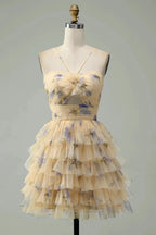A Line Halter Tiered Print Short Yellow Flower Homecoming Dress by WEDTREND