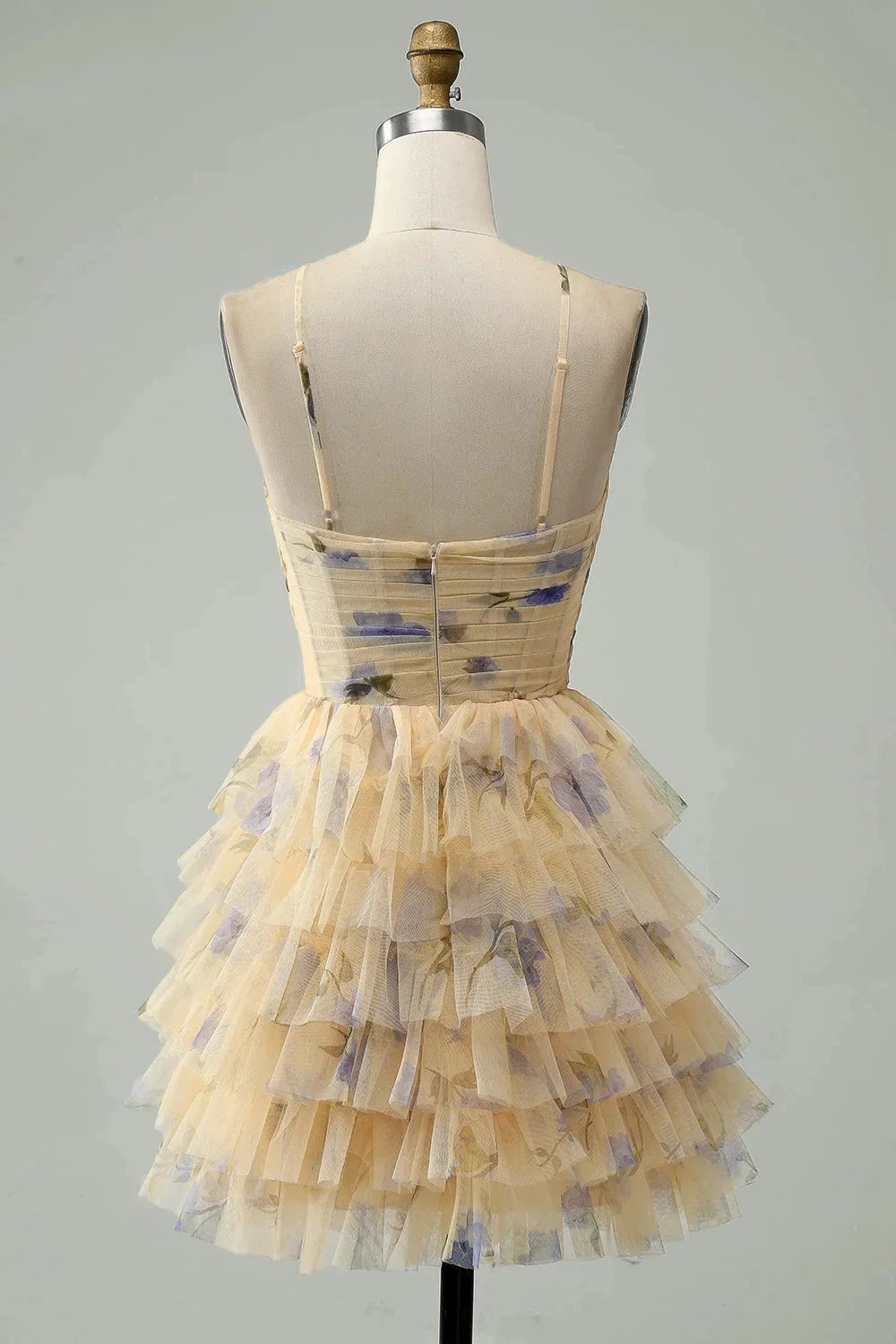 A Line Halter Tiered Print Short Yellow Flower Homecoming Dress by WEDTREND
