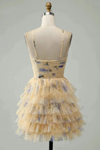A Line Halter Tiered Print Short Yellow Flower Homecoming Dress by WEDTREND