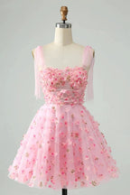 Cute Pink A Line Pearls Corset Short Homecoming Dress with Appliques Flower by WEDTREND