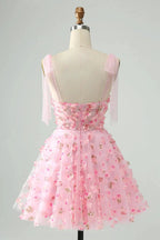Cute Pink A Line Pearls Corset Short Homecoming Dress with Appliques Flower by WEDTREND