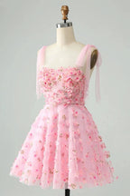 Cute Pink A Line Pearls Corset Short Homecoming Dress with Appliques Flower by WEDTREND