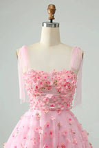 Cute Pink A Line Pearls Corset Short Homecoming Dress with Appliques Flower by WEDTREND