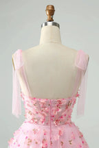 Cute Pink A Line Pearls Corset Short Homecoming Dress with Appliques Flower by WEDTREND