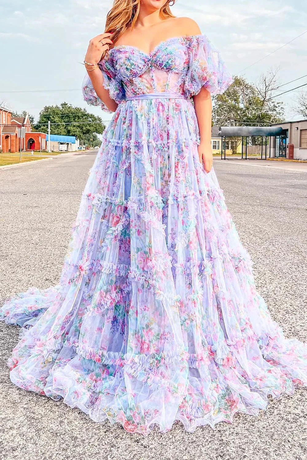 Sydney |A Line Off The Shoulder Floral Tulle Prom Dress by KissProm