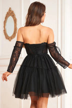 Black A-Line Corset Detachable Long Sleeves Homecoming Dress by WEDTREND