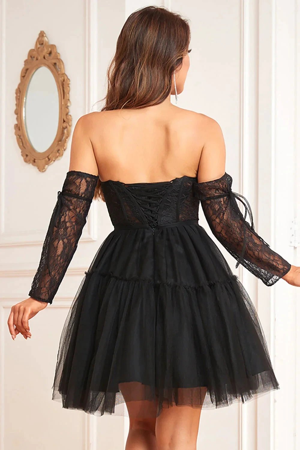 Black A-Line Corset Detachable Long Sleeves Homecoming Dress by WEDTREND