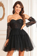 Black A-Line Corset Detachable Long Sleeves Homecoming Dress by WEDTREND