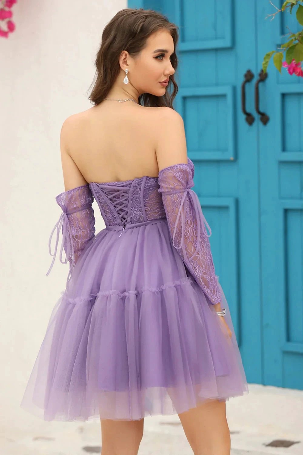 Black A-Line Corset Detachable Long Sleeves Homecoming Dress by WEDTREND