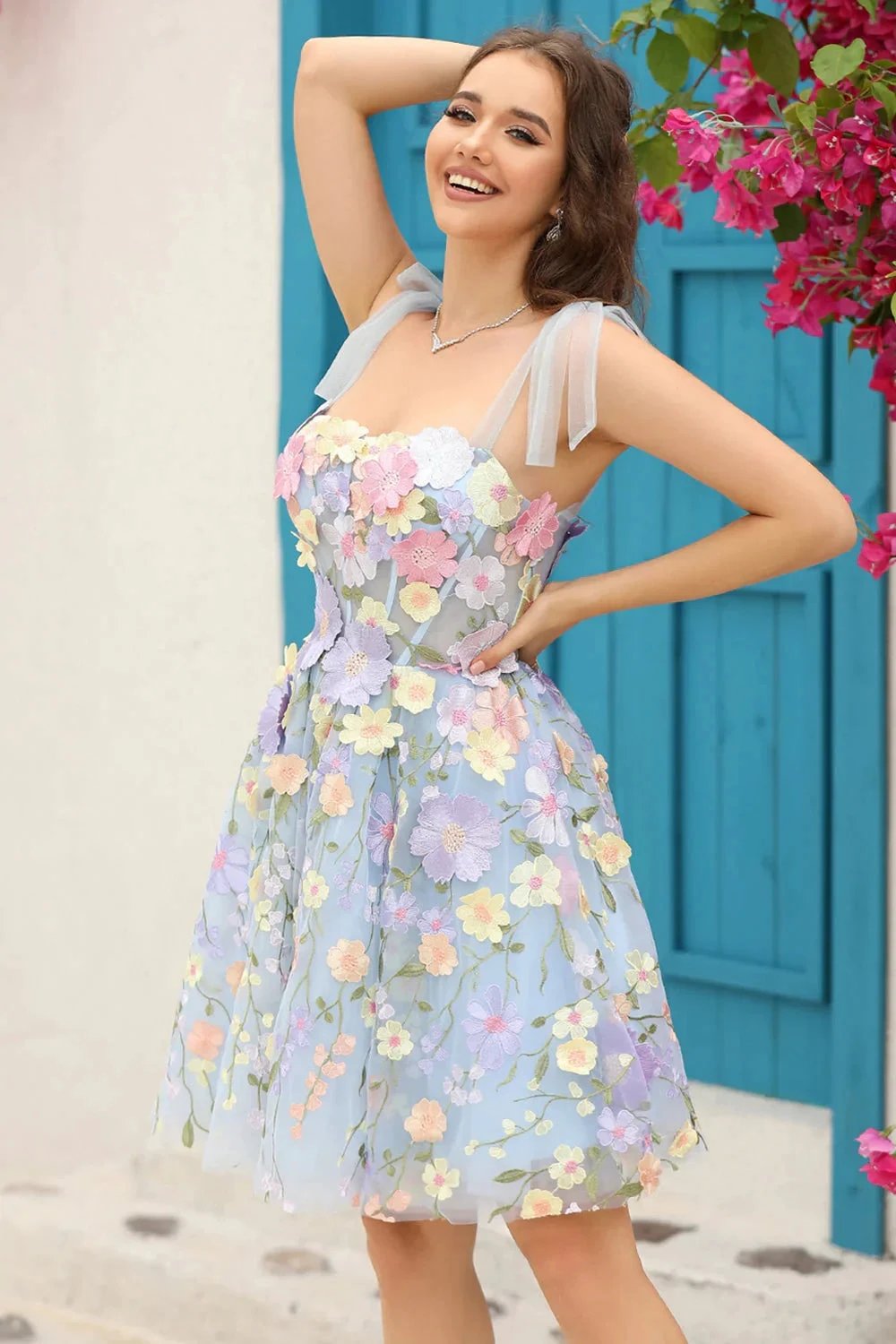Blue A Line Spaghetti Straps Corset Homecoming Dress with 3D Flowers by WEDTREND