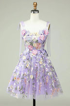Blue A Line Spaghetti Straps Corset Homecoming Dress with 3D Flowers by WEDTREND