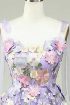 Blue A Line Spaghetti Straps Corset Homecoming Dress with 3D Flowers by WEDTREND
