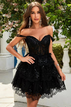 A Line Off the Shoulder Purple Corset Short Homecoming Dress with Lace by WEDTREND