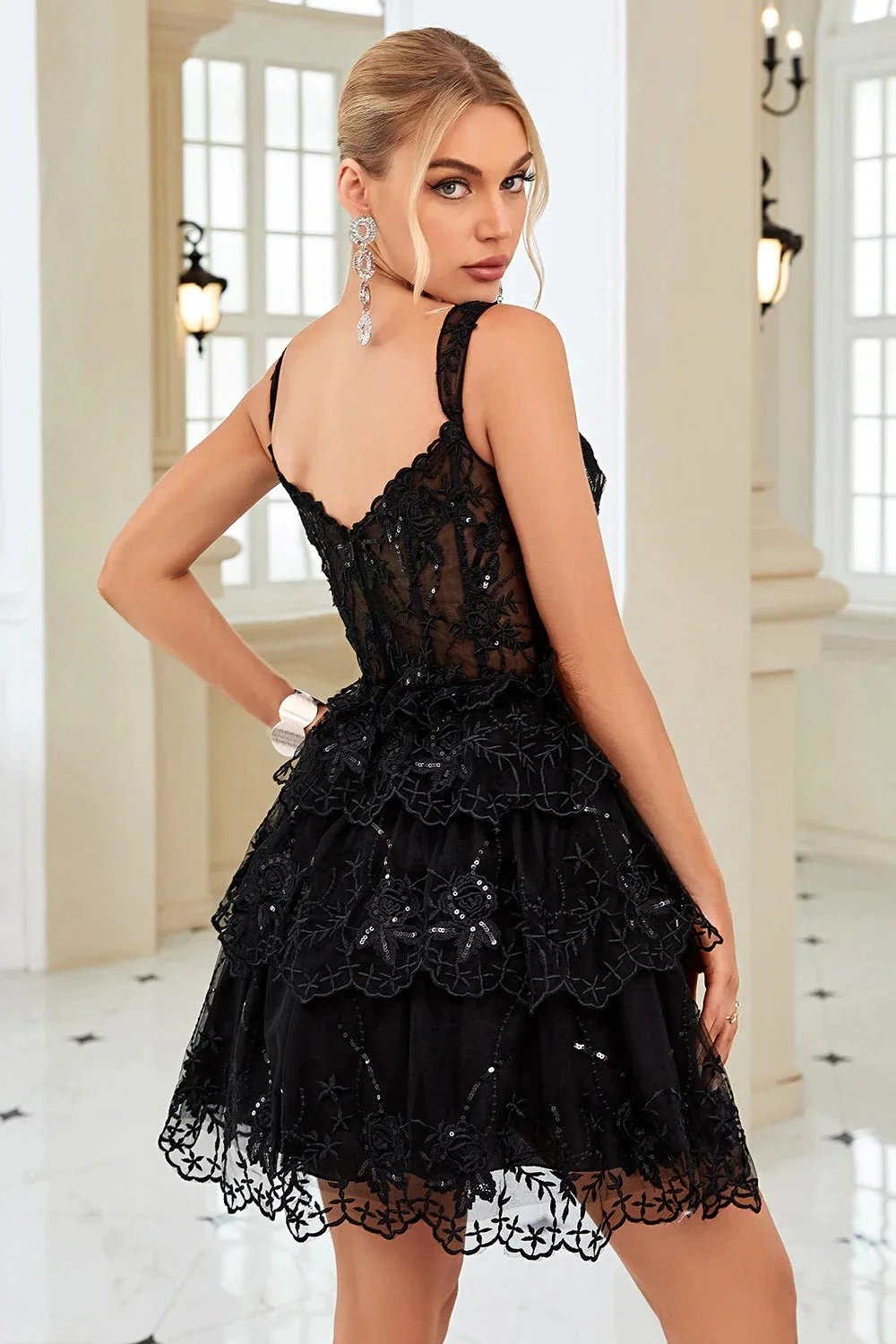 Cute A Line Corset Tiered Short Dark Blue Homecoming Dress with Lace by WEDTREND