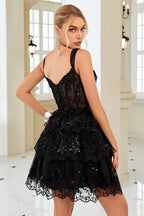 Cute A Line Corset Tiered Short Dark Blue Homecoming Dress with Lace by WEDTREND