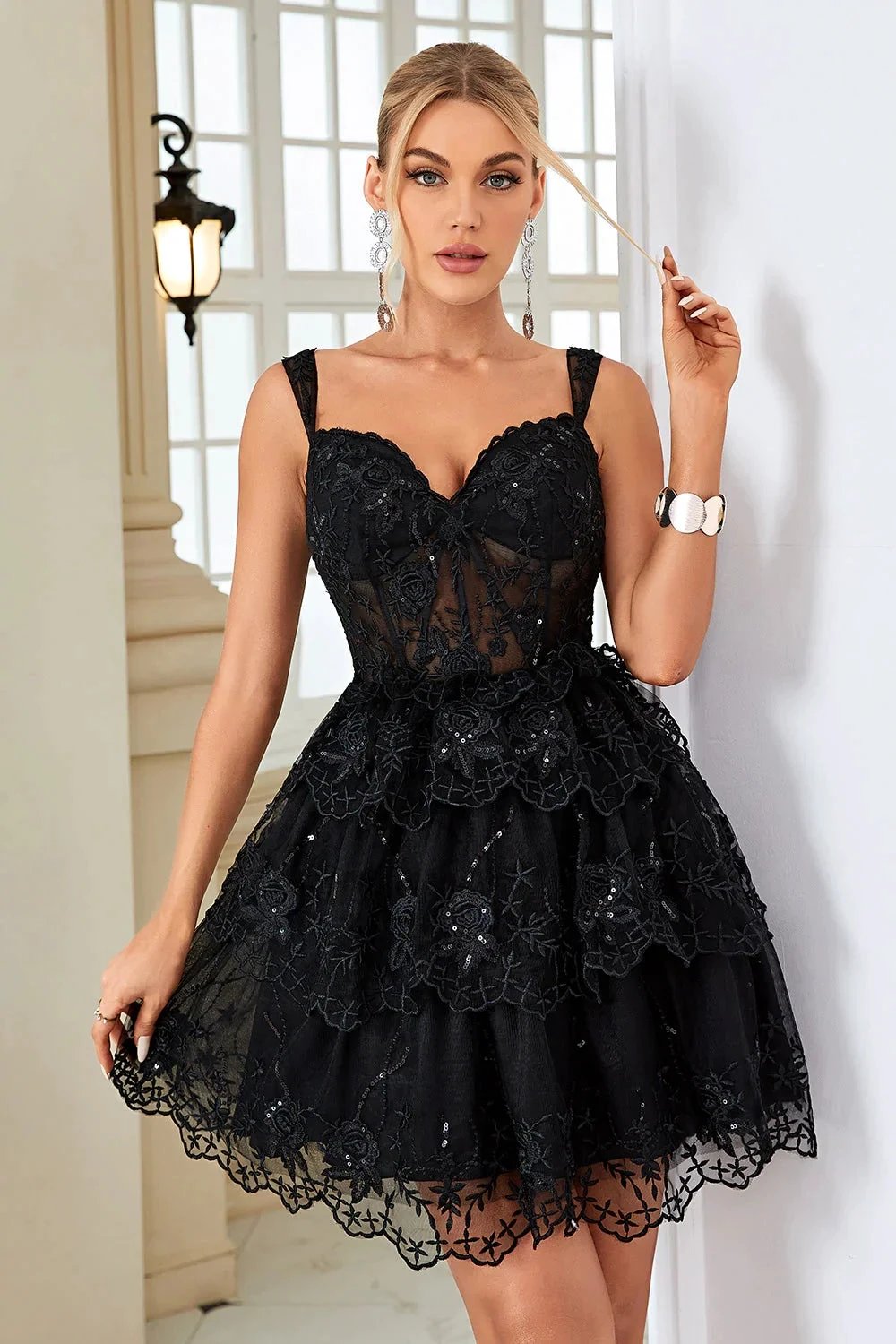 Cute A Line Corset Tiered Short Dark Blue Homecoming Dress with Lace by WEDTREND