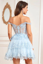 Cute A Line Corset Tiered Short Dark Blue Homecoming Dress with Lace by WEDTREND
