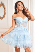 Cute A Line Corset Tiered Short Dark Blue Homecoming Dress with Lace by WEDTREND