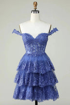 Cute A Line Corset Tiered Short Dark Blue Homecoming Dress with Lace by WEDTREND