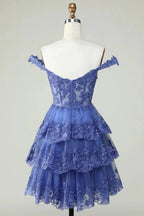 Cute A Line Corset Tiered Short Dark Blue Homecoming Dress with Lace by WEDTREND
