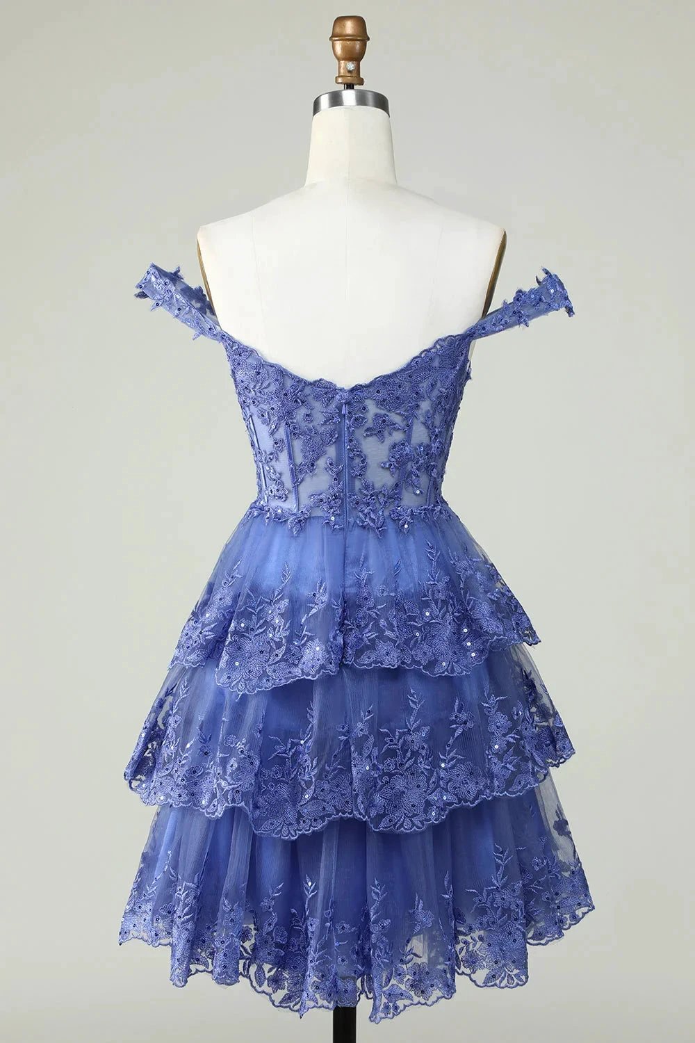 Cute A Line Corset Tiered Short Dark Blue Homecoming Dress with Lace by WEDTREND