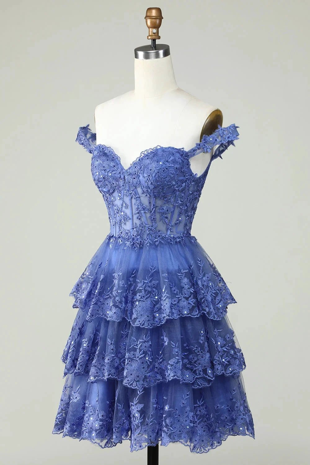 Cute A Line Corset Tiered Short Dark Blue Homecoming Dress with Lace by WEDTREND