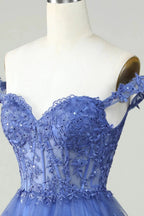 Cute A Line Corset Tiered Short Dark Blue Homecoming Dress with Lace by WEDTREND