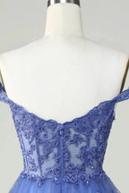 Cute A Line Corset Tiered Short Dark Blue Homecoming Dress with Lace by WEDTREND