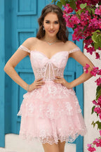 Cute A Line Corset Tiered Short Dark Blue Homecoming Dress with Lace by WEDTREND