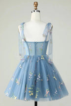 Cute Grey Blue A Line Spaghetti Straps Short Homecoming Dress with Appliques by WEDTREND