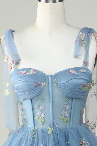 Cute Grey Blue A Line Spaghetti Straps Short Homecoming Dress with Appliques